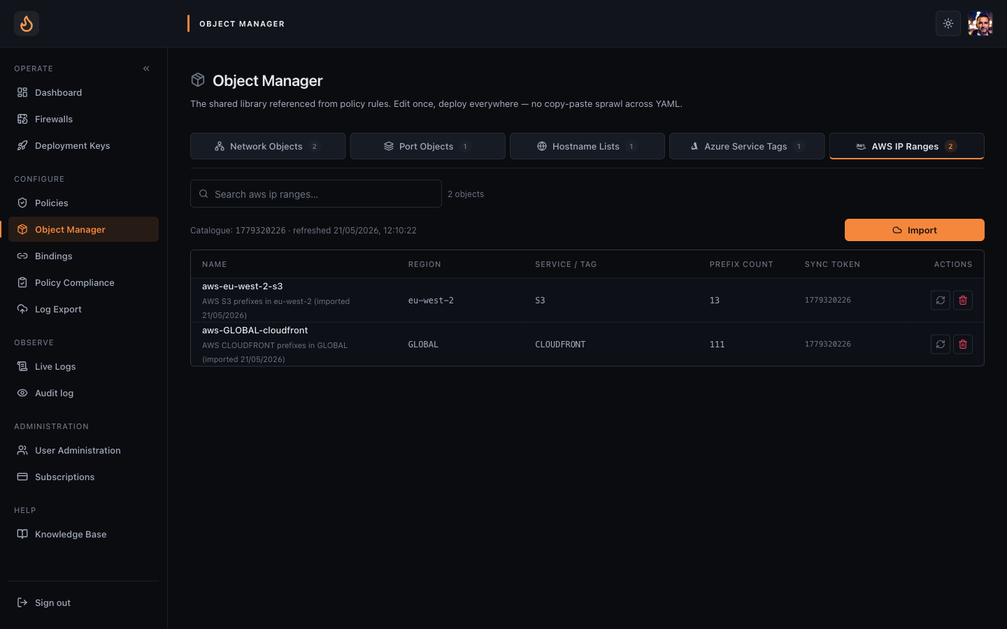 AWS IP Ranges tab