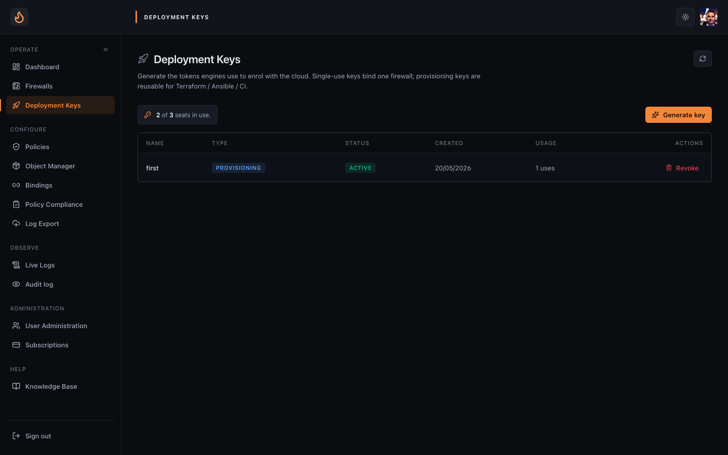 Deployment Keys page