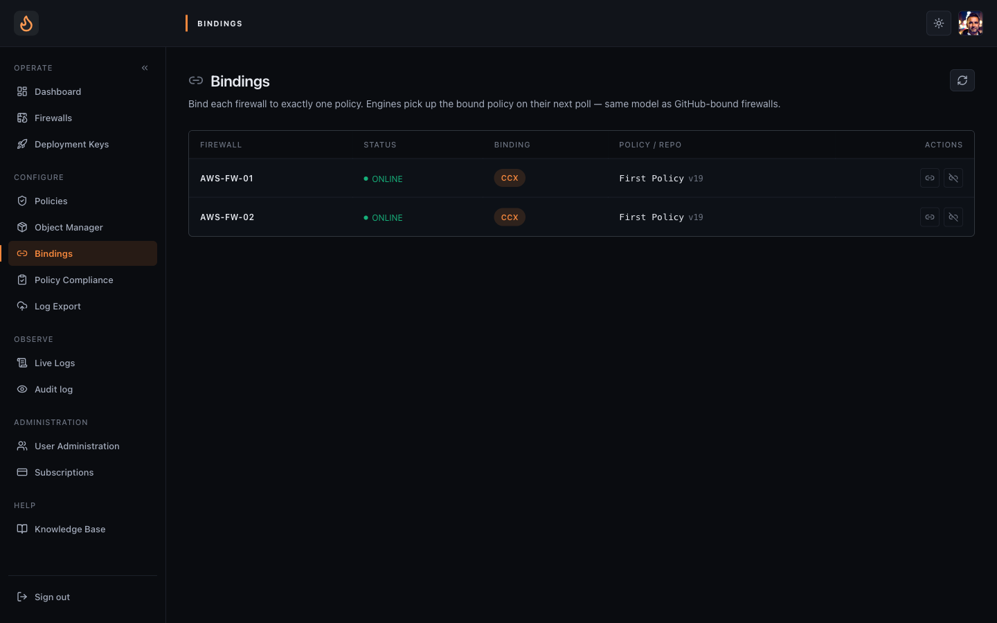 Bindings page mapping firewalls to policies