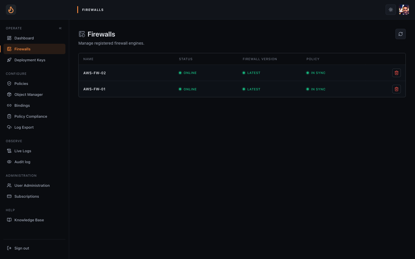 Firewalls list with two online engines