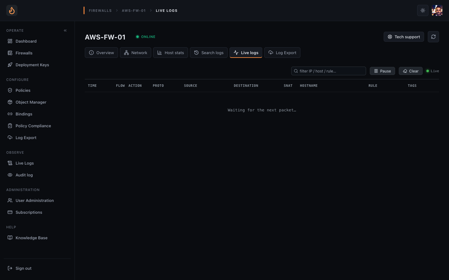 Live logs stream