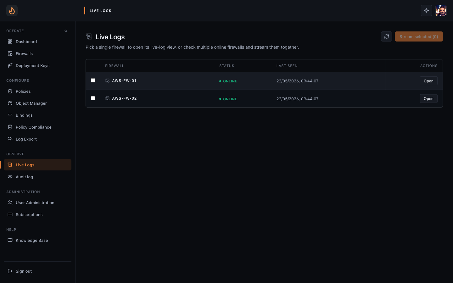Live Logs firewall picker