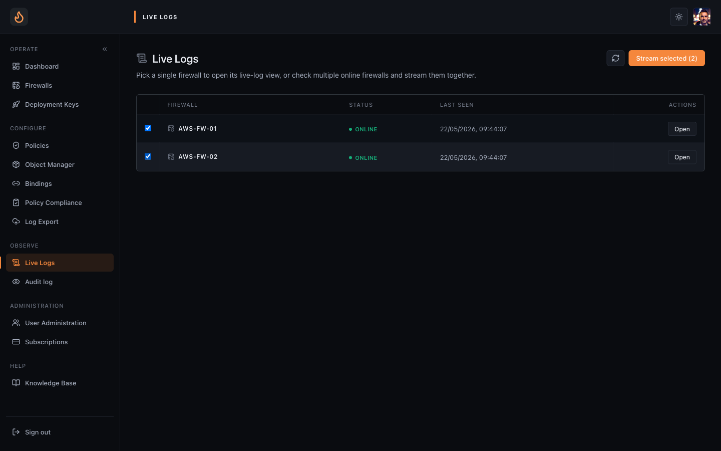 Live Logs picker with both firewalls selected