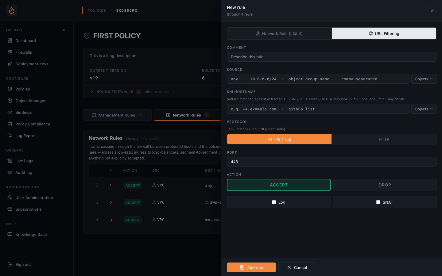 Add rule form — URL filtering