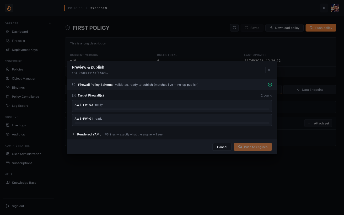 Push policy dialog with schema and guardrails gates